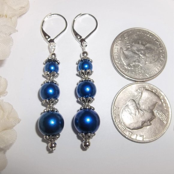 Blue Earrings, Blue Pearl Earrings, Blue and Silver Earrings, Earrings, NWT A757 - Picture 3 of 9